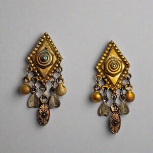 Gold Tone Kite Shape Dangle Earrings with Boho Charms & Drops